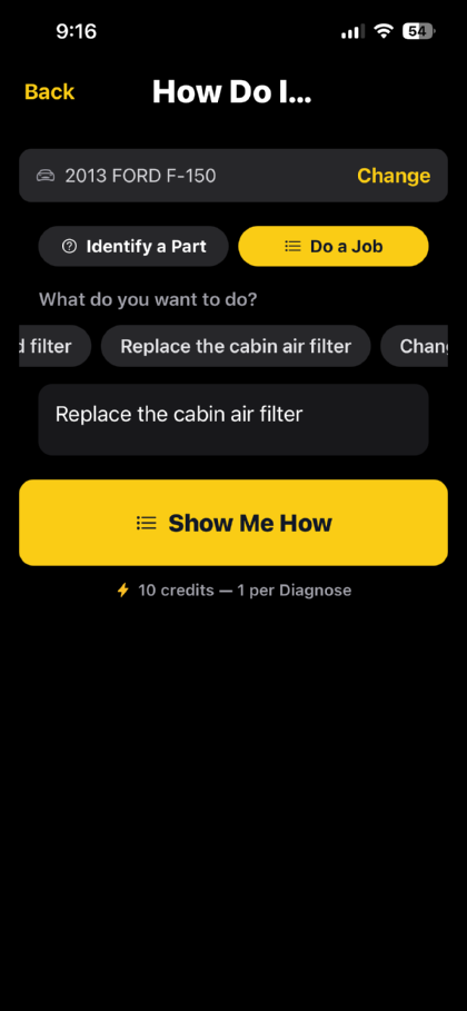 The How Do I screen, with “Replace the cabin air filter” chosen for the saved vehicle and a Show Me How button.