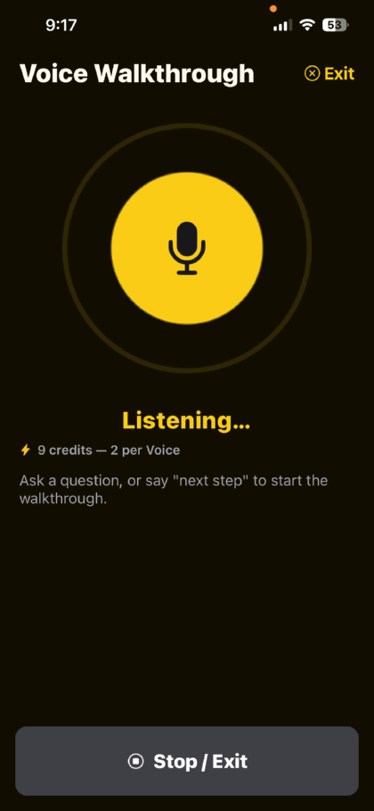 The hands-free Voice Walkthrough listening for a question, with a prompt to ask something or say “next step”.