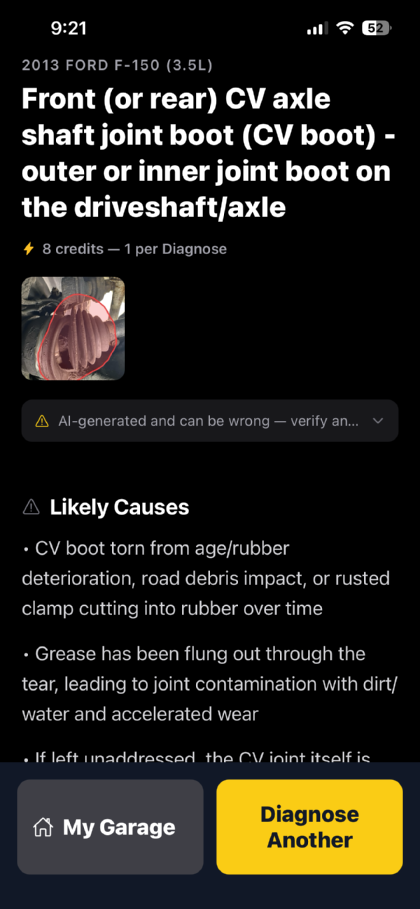 The answer identifying a CV axle shaft joint boot, with the circled photo shown alongside and likely causes listed — a boot torn with age, grease flung out through the tear, and the joint itself at risk if left.