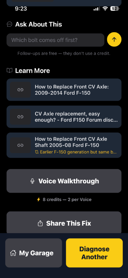The bottom of an answer: a box for asking a follow-up, noting that follow-ups are free and cost no credit, above links to repair guides and a forum thread, one marked as an earlier F-150 generation with the same part.