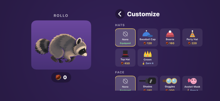 The Customize screen, showing Rollo beside hats and face gear priced in acorns. A baseball cap, beanie, party hat and top hat are for sale, and a crown and an axolotl mask are locked behind achievements.