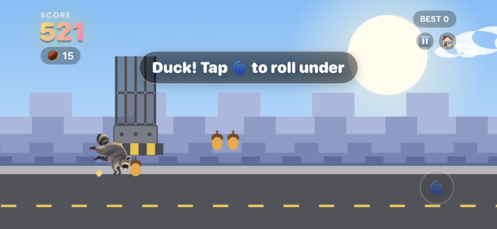 Rollo rolling under a barrier in the City chapter, with the prompt “Duck! Tap to roll under”.