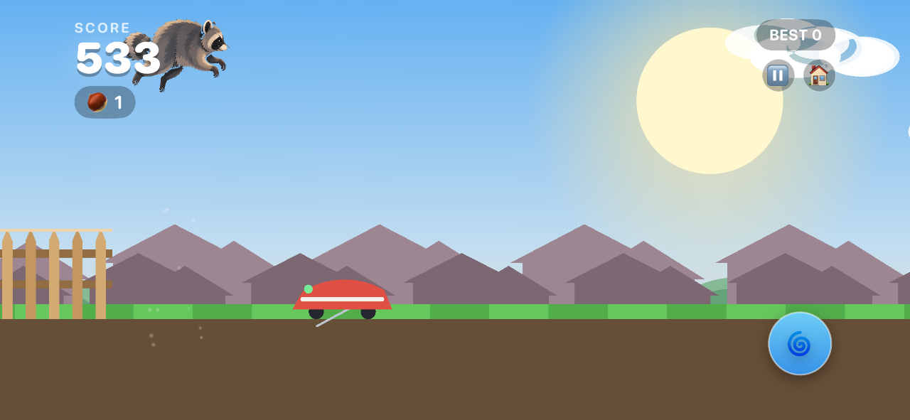 Rollo mid-jump over a red lawnmower, with a picket fence and a row of houses behind him and a score of 533.