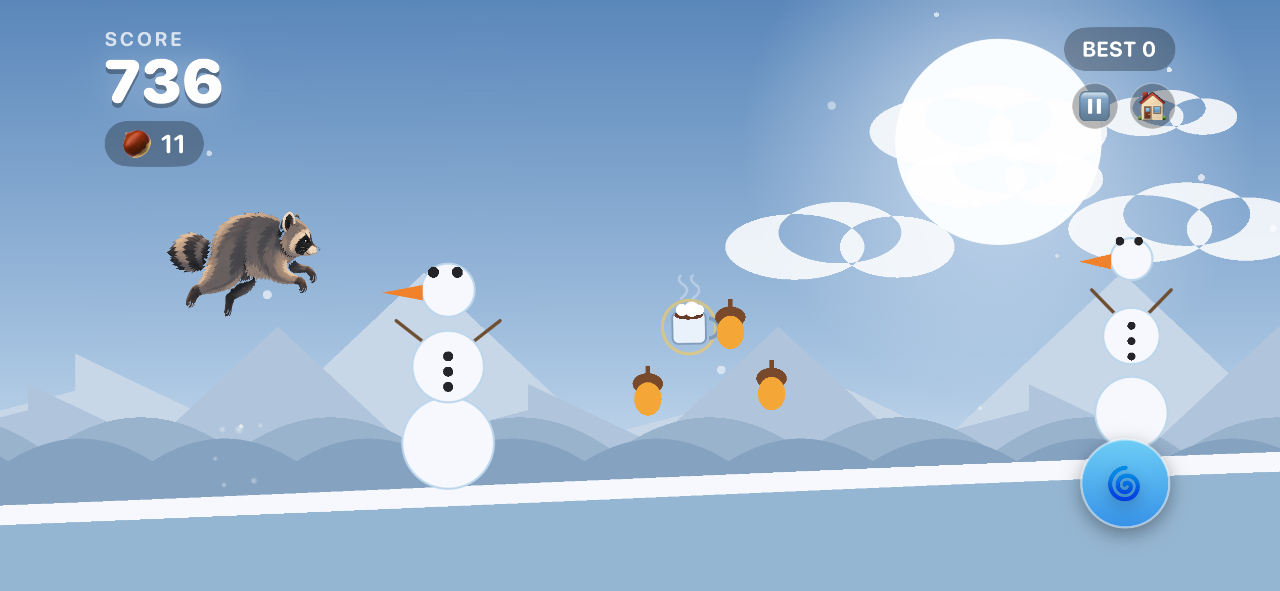 Rollo jumping through a snow-covered level past two snowmen, with acorns and a hot cocoa pickup hanging in the air and 11 acorns collected.