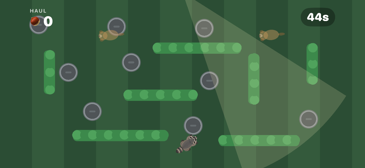 A bonus round seen from above, with Rollo in a hedge maze under a 44 second clock, a sweeping cone of light, and two other animals between the hedges.