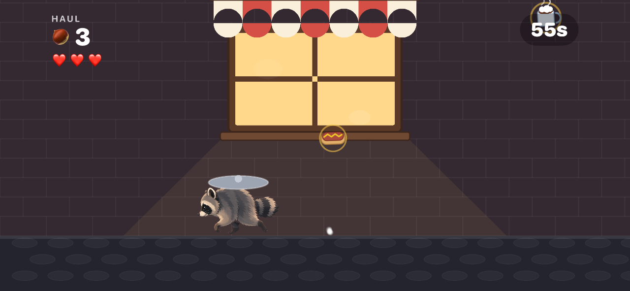 A different bonus round on a night street, with Rollo wearing a metal lid as a hat beneath a lit shop window and a hot dog to grab. He has 3 hearts, a haul of 3 and 55 seconds left.